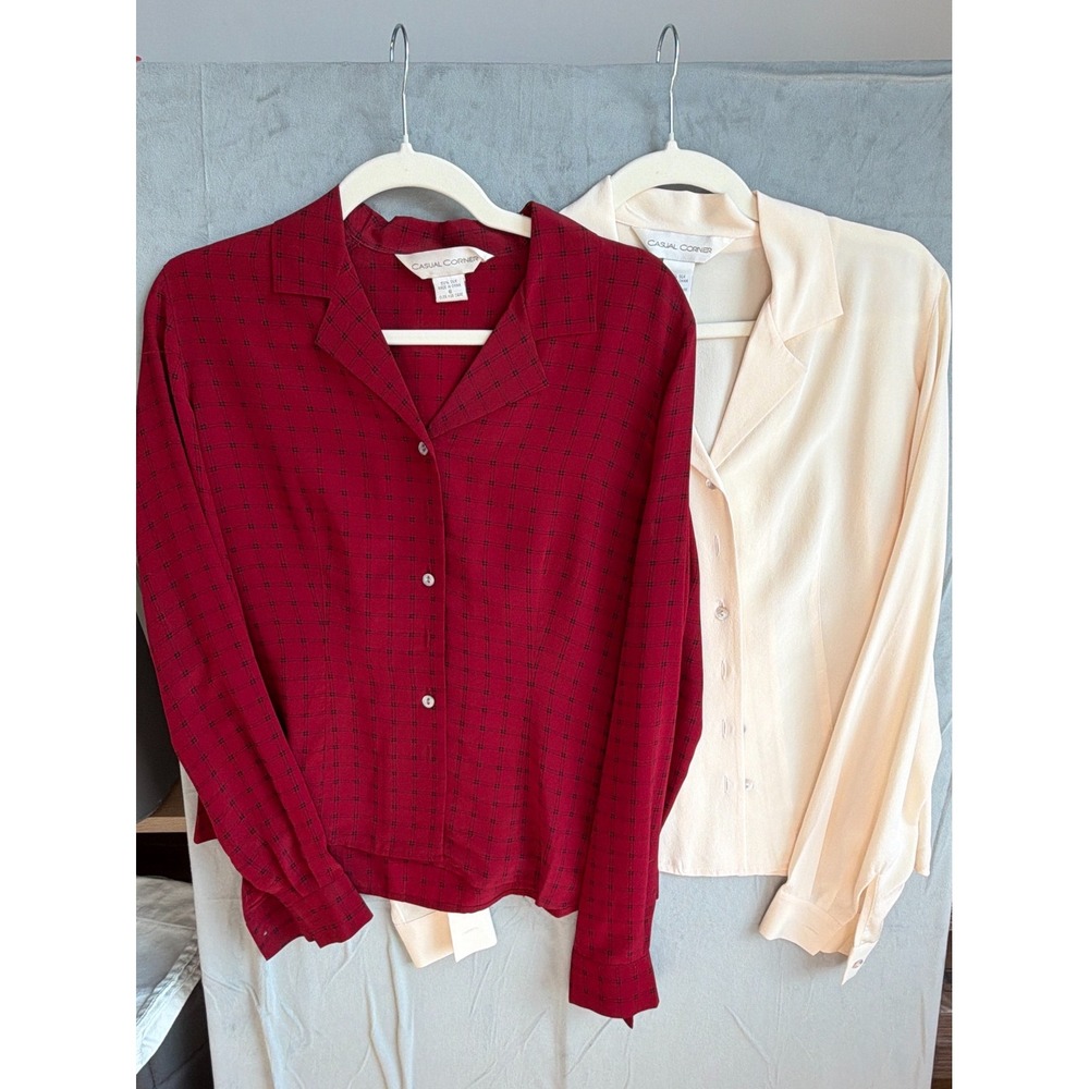 Casual Corner Silk Blouses Women 6 Red Cream Plaid Minimalist Career Set of 2